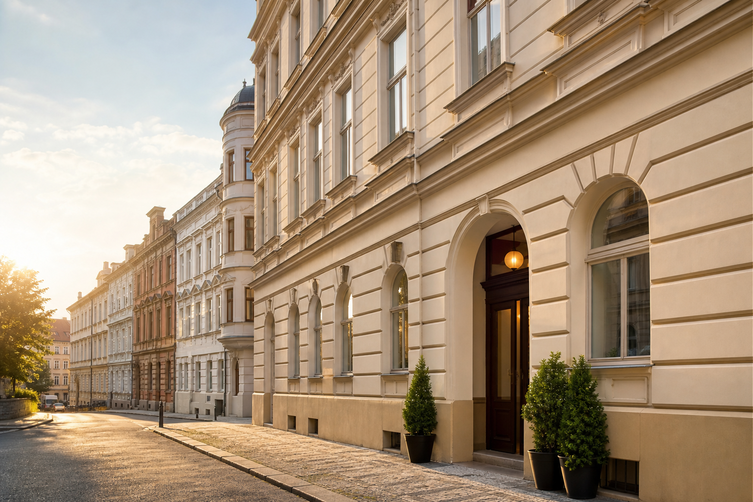 Elegant Prague townhouse street in morning light